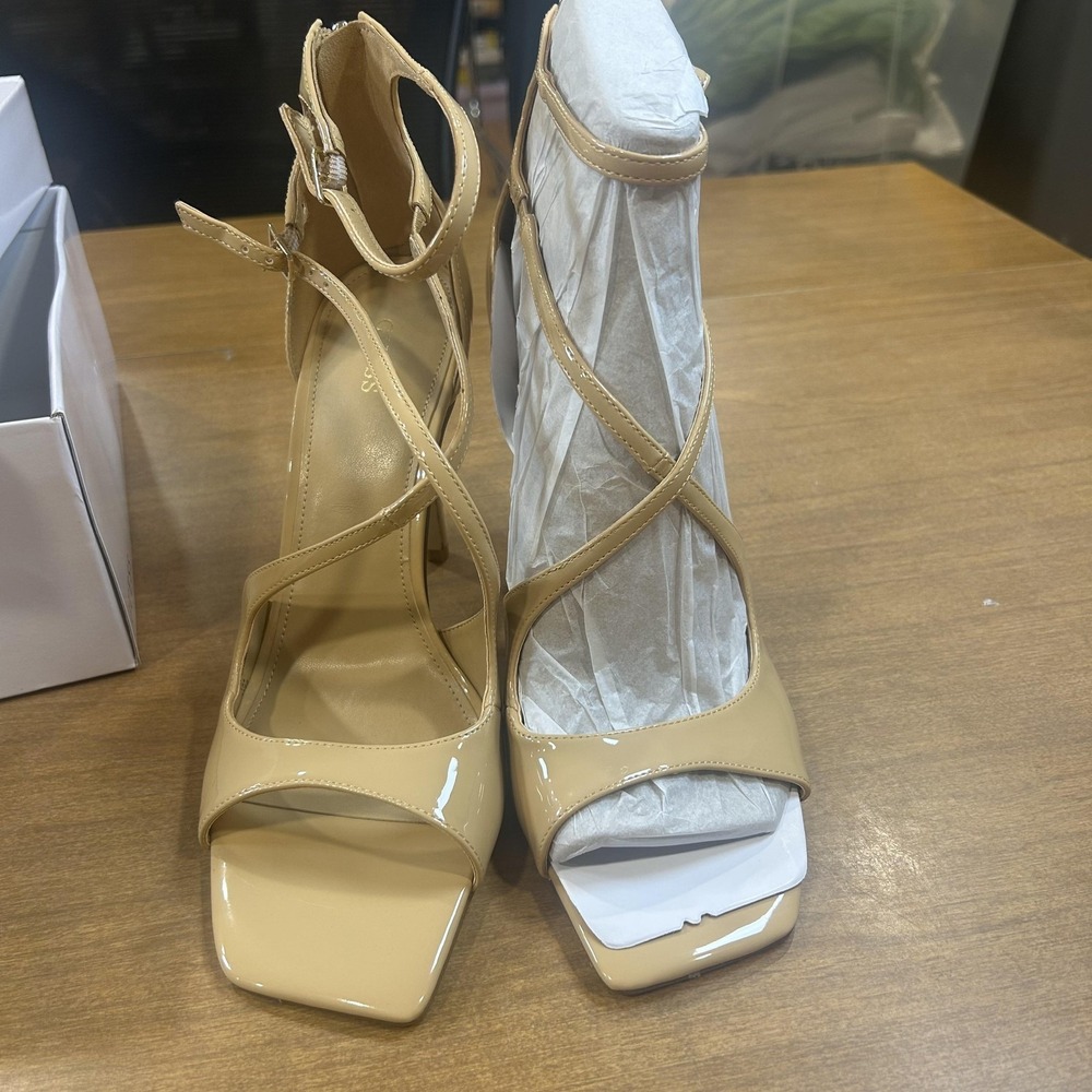 Guess Sella Sandals Womens Size 11 Beige Strappy Ankle Zip Stiletto Heels